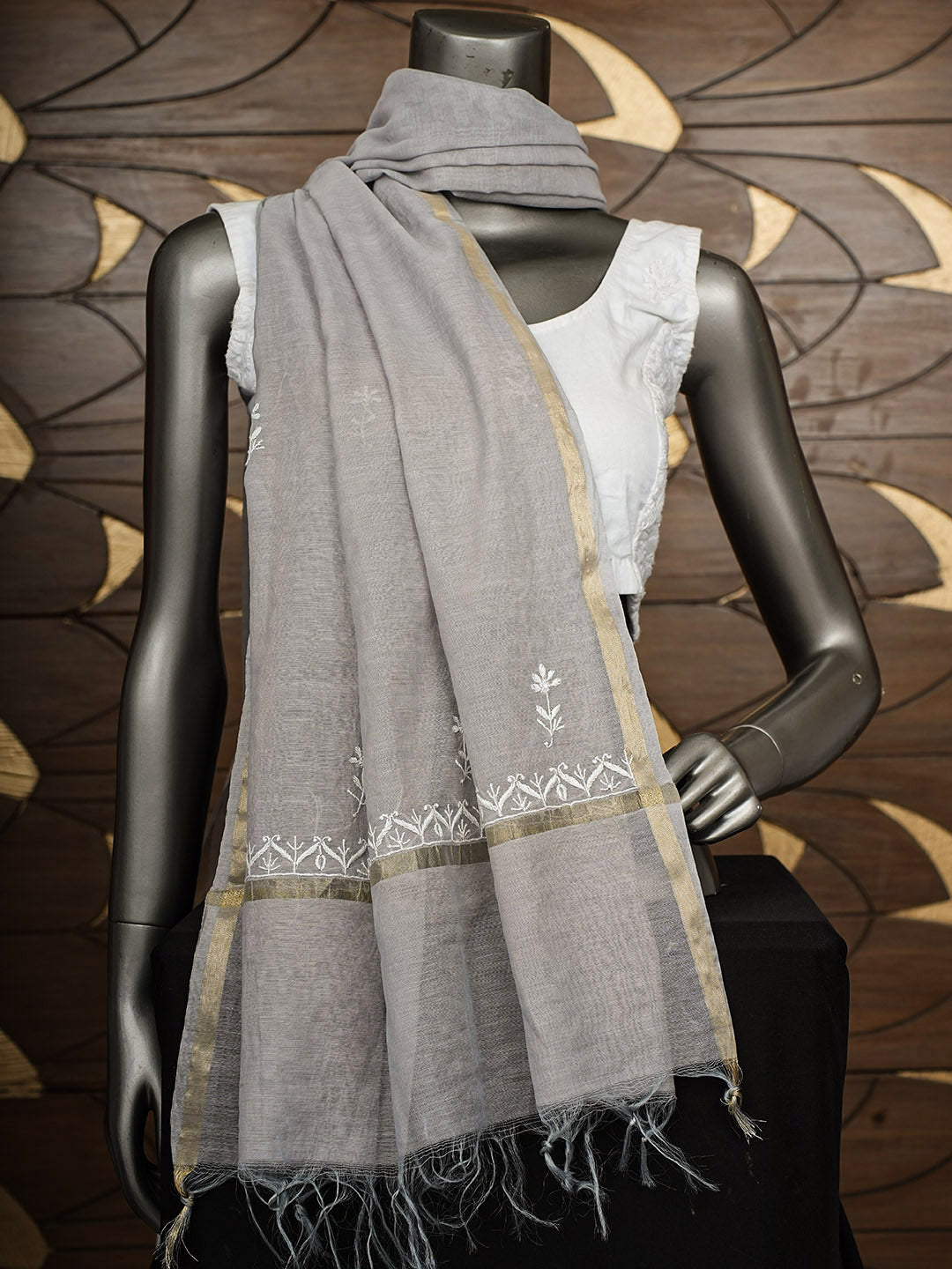 Ada Hand Embroidered Grey Chanderi Lucknowi Chikankari Dupatta 07A501198