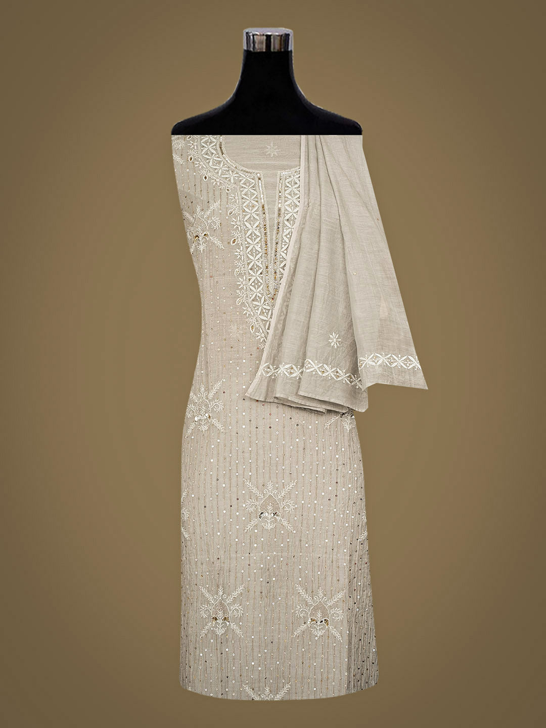 Ada Hand Embroidered Grey Chanderi Lucknowi Chikankari Semi-Stitched Kurta Dupatta Set With Sequinned Work 07A501615