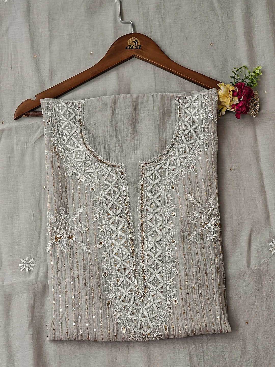 Ada Hand Embroidered Grey Chanderi Lucknowi Chikankari Semi-Stitched Kurta Dupatta Set With Sequinned Work 07A501615