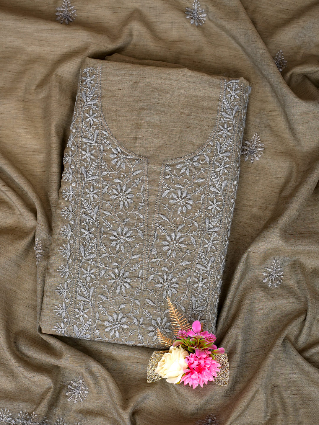 Ada Grey Chanderi Unstitched Kurta Dupatta set_1