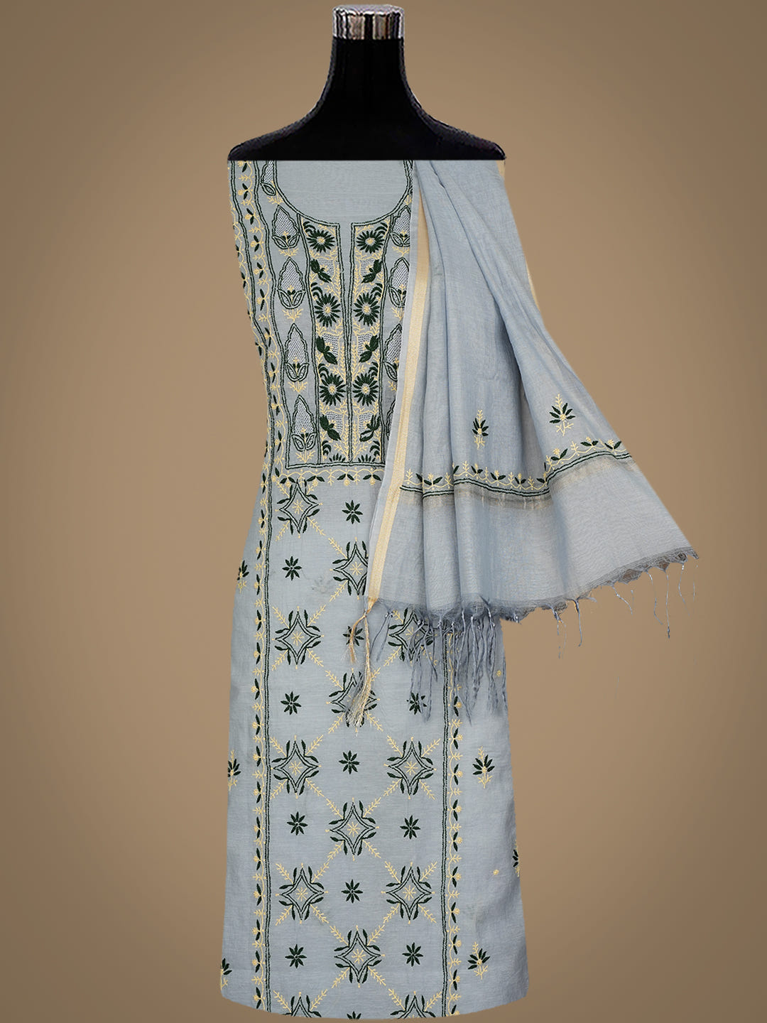 Ada Grey Chanderi Unstitched Kurta Dupatta Set_3