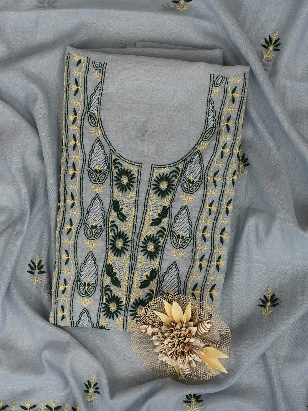 Ada Grey Chanderi Unstitched Kurta Dupatta Set_1