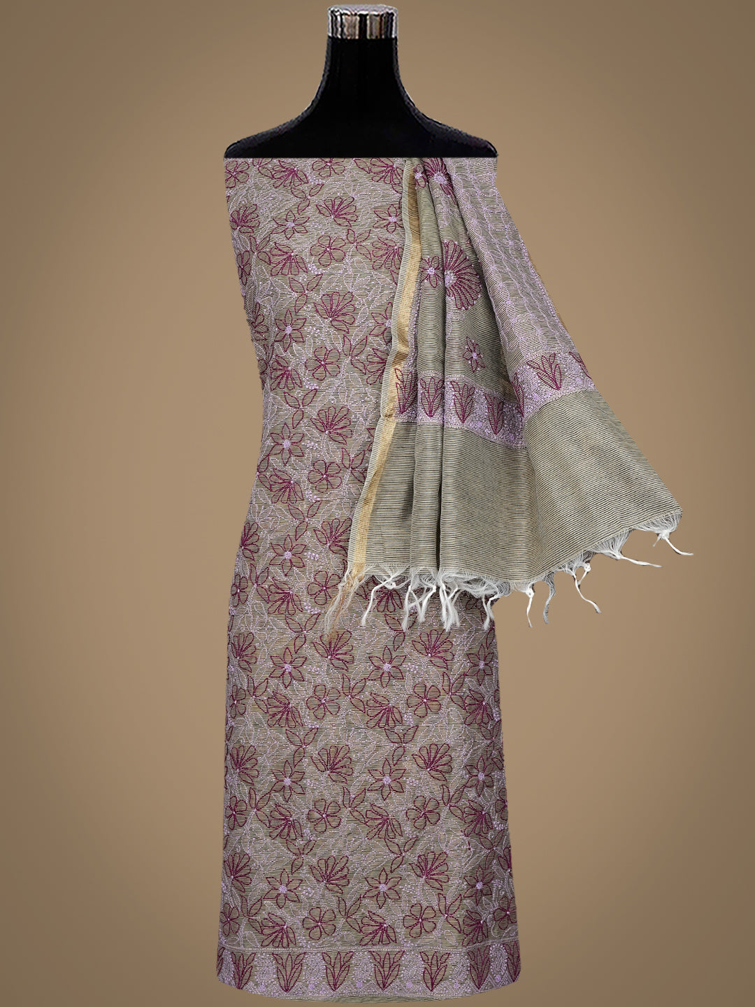 Ada Hand Embroidered Grey Chanderi Lucknowi Chikankari Unstitched Kurta Dupatta Set 01A871005