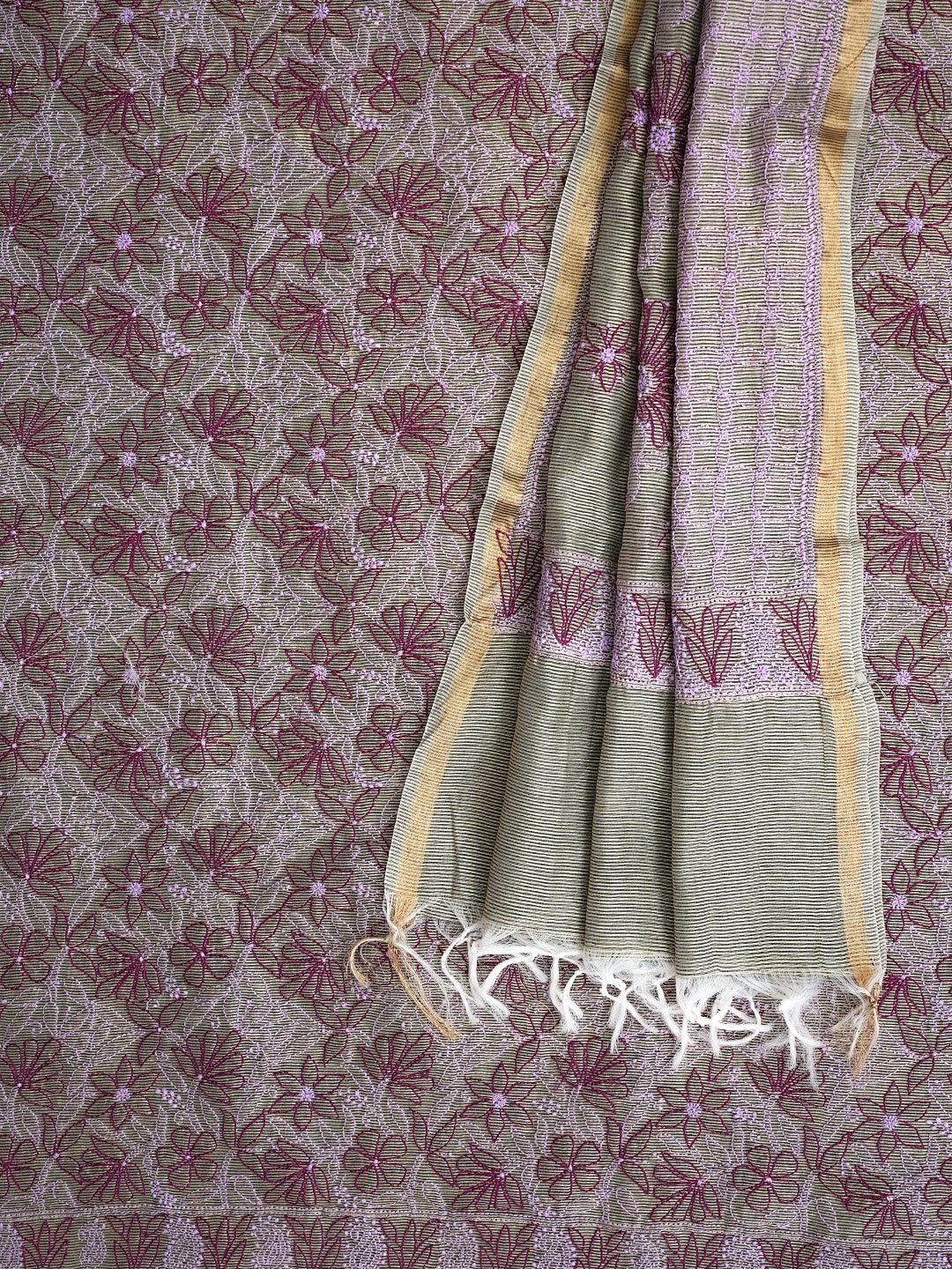 Ada Hand Embroidered Grey Chanderi Lucknowi Chikankari Unstitched Kurta Dupatta Set 01A871005