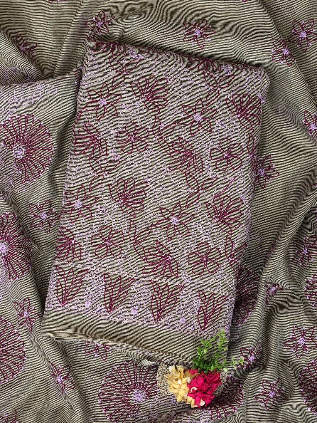 Ada Hand Embroidered Grey Chanderi Lucknowi Chikankari Unstitched Kurta Dupatta Set 01A871005
