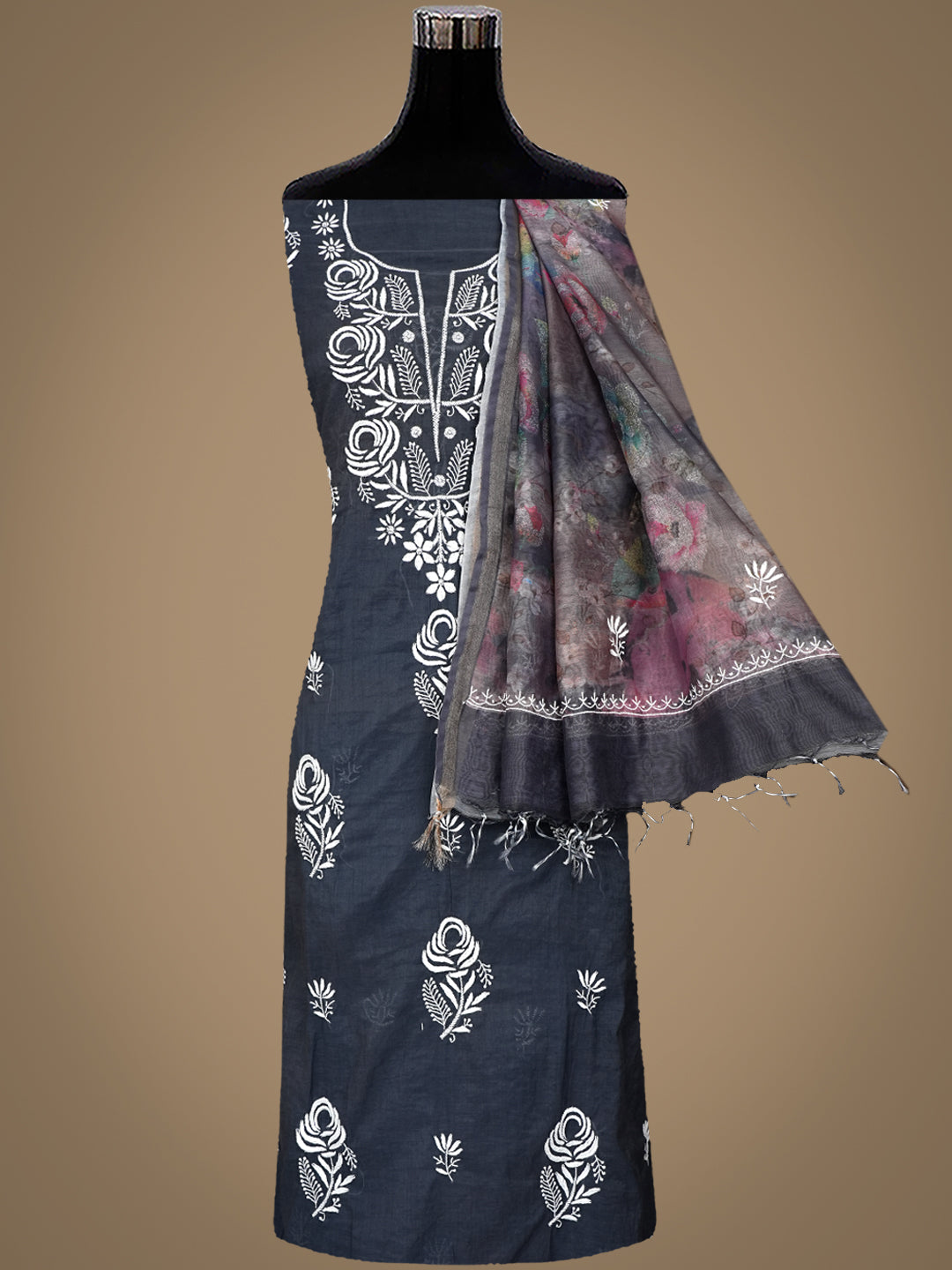 Ada Hand Embroidered Grey Chanderi Lucknowi Chikankari Unstitched Kurta Dupatta Set 01A987085