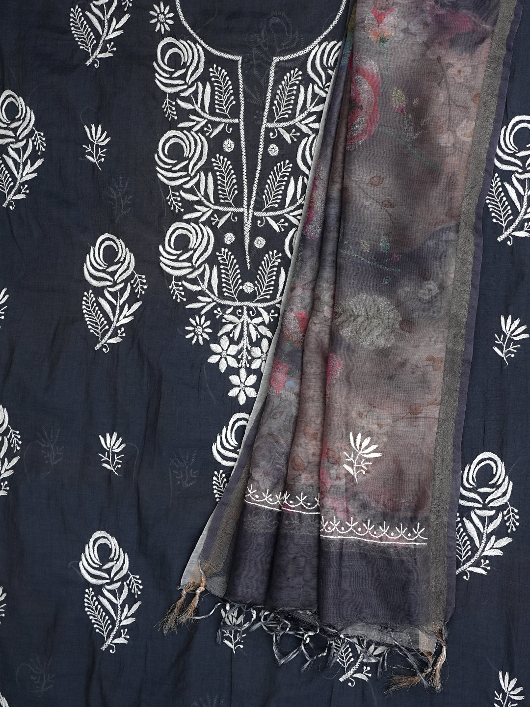 Ada Hand Embroidered Grey Chanderi Lucknowi Chikankari Unstitched Kurta Dupatta Set 01A987085