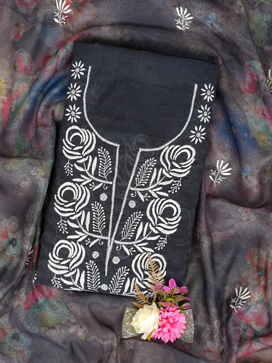 Ada Hand Embroidered Grey Chanderi Lucknowi Chikankari Unstitched Kurta Dupatta Set 01A987085