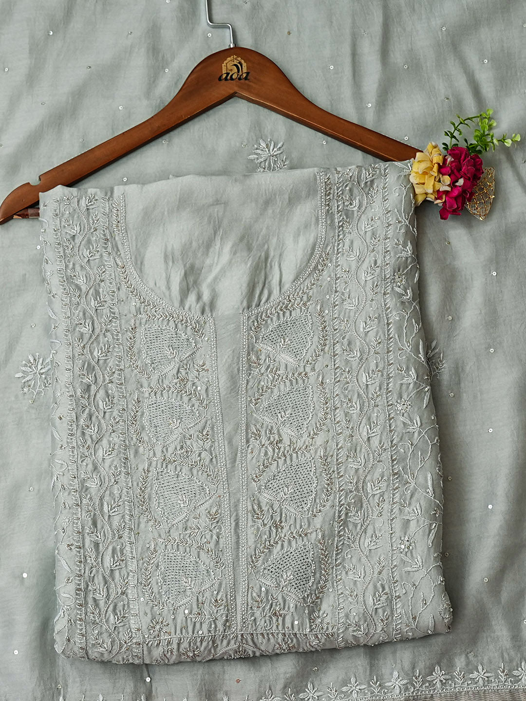 Ada Hand Embroidered Grey Chanderi Lucknowi Chikankari Unstitched Kurta Dupatta Set With Cutdana Work 01A918941