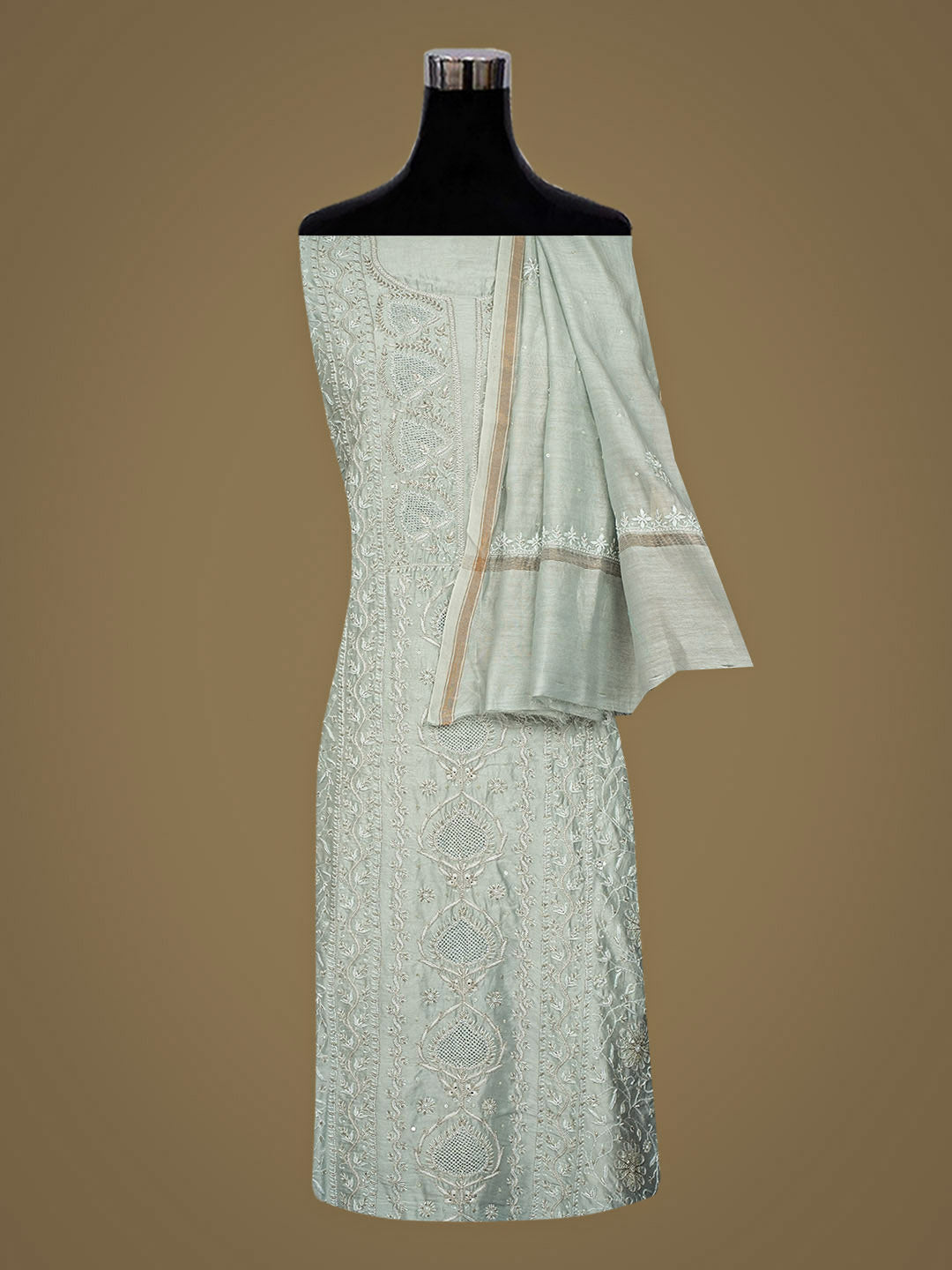 Ada Hand Embroidered Grey Chanderi Lucknowi Chikankari Unstitched Kurta Dupatta Set With Cutdana Work 01A918941
