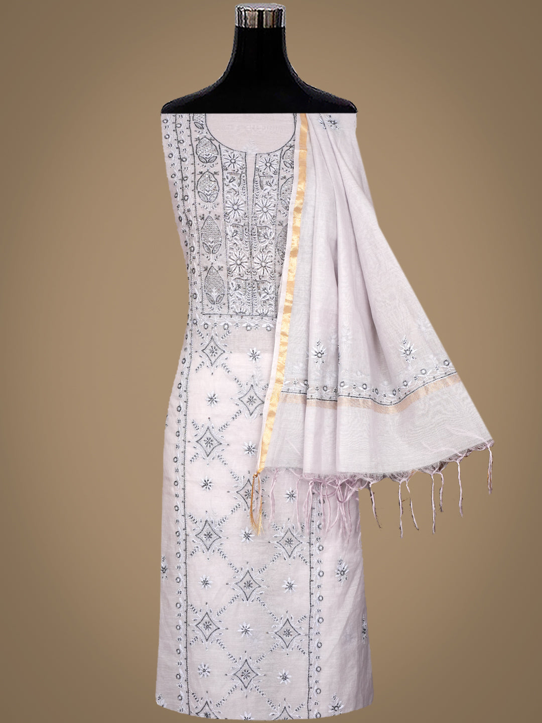 Ada Hand Embroidered Grey Chanderi Lucknowi Chikankari Unstitched Kurta Dupatta Set With Cutdana Work 01A932398