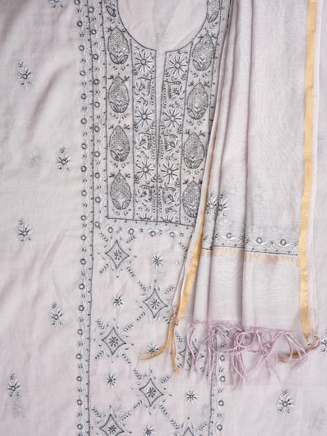Ada Hand Embroidered Grey Chanderi Lucknowi Chikankari Unstitched Kurta Dupatta Set With Cutdana Work 01A932398