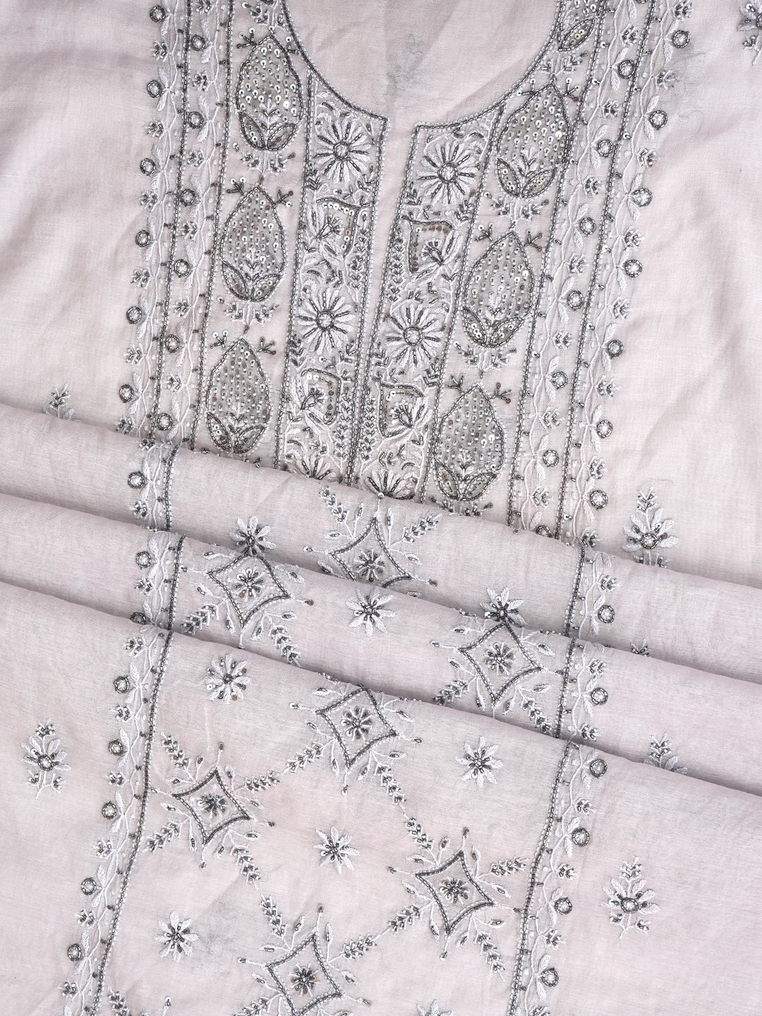 Ada Hand Embroidered Grey Chanderi Lucknowi Chikankari Unstitched Kurta Dupatta Set With Cutdana Work 01A932398
