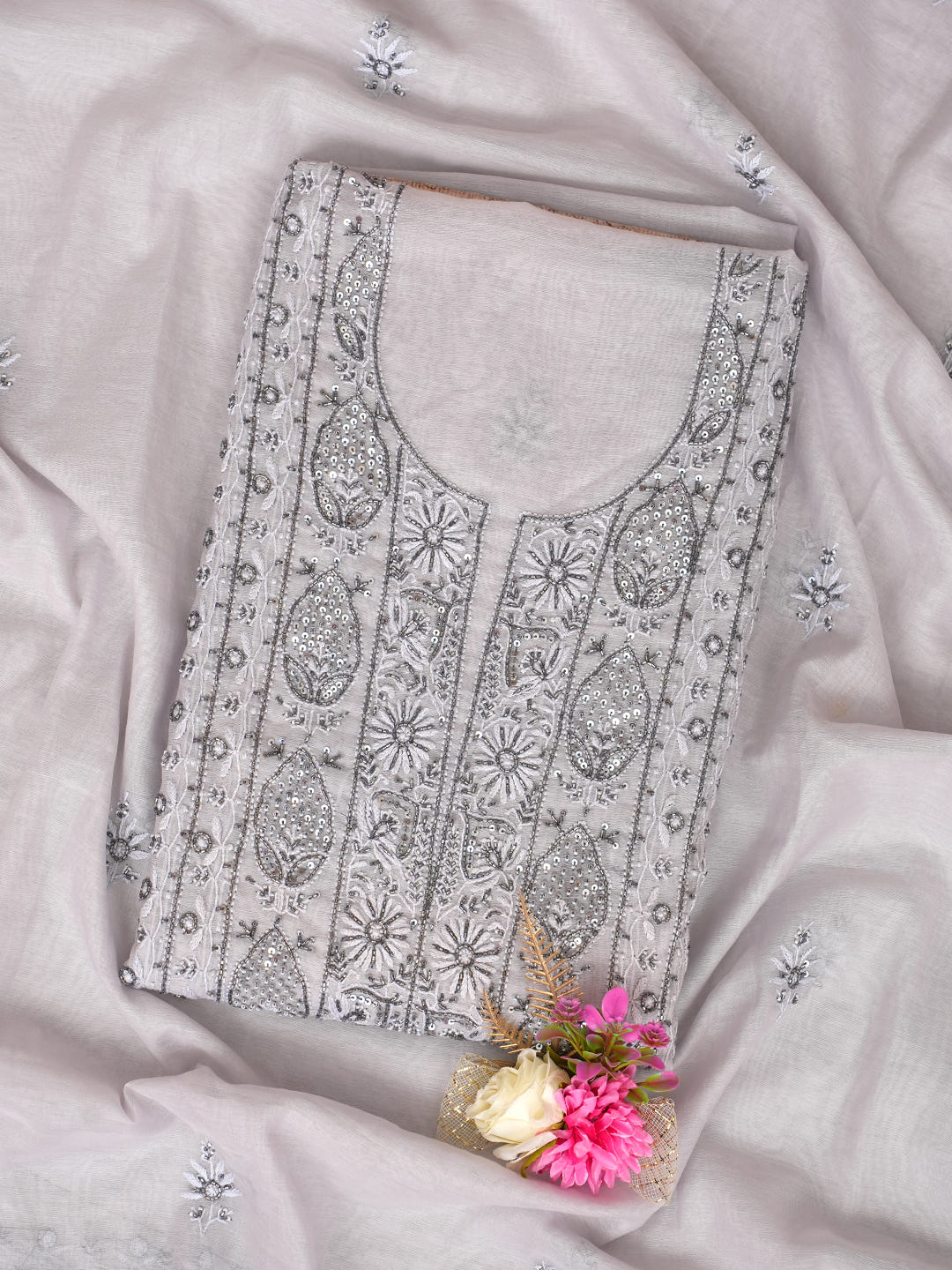 Ada Hand Embroidered Grey Chanderi Lucknowi Chikankari Unstitched Kurta Dupatta Set With Cutdana Work 01A932398