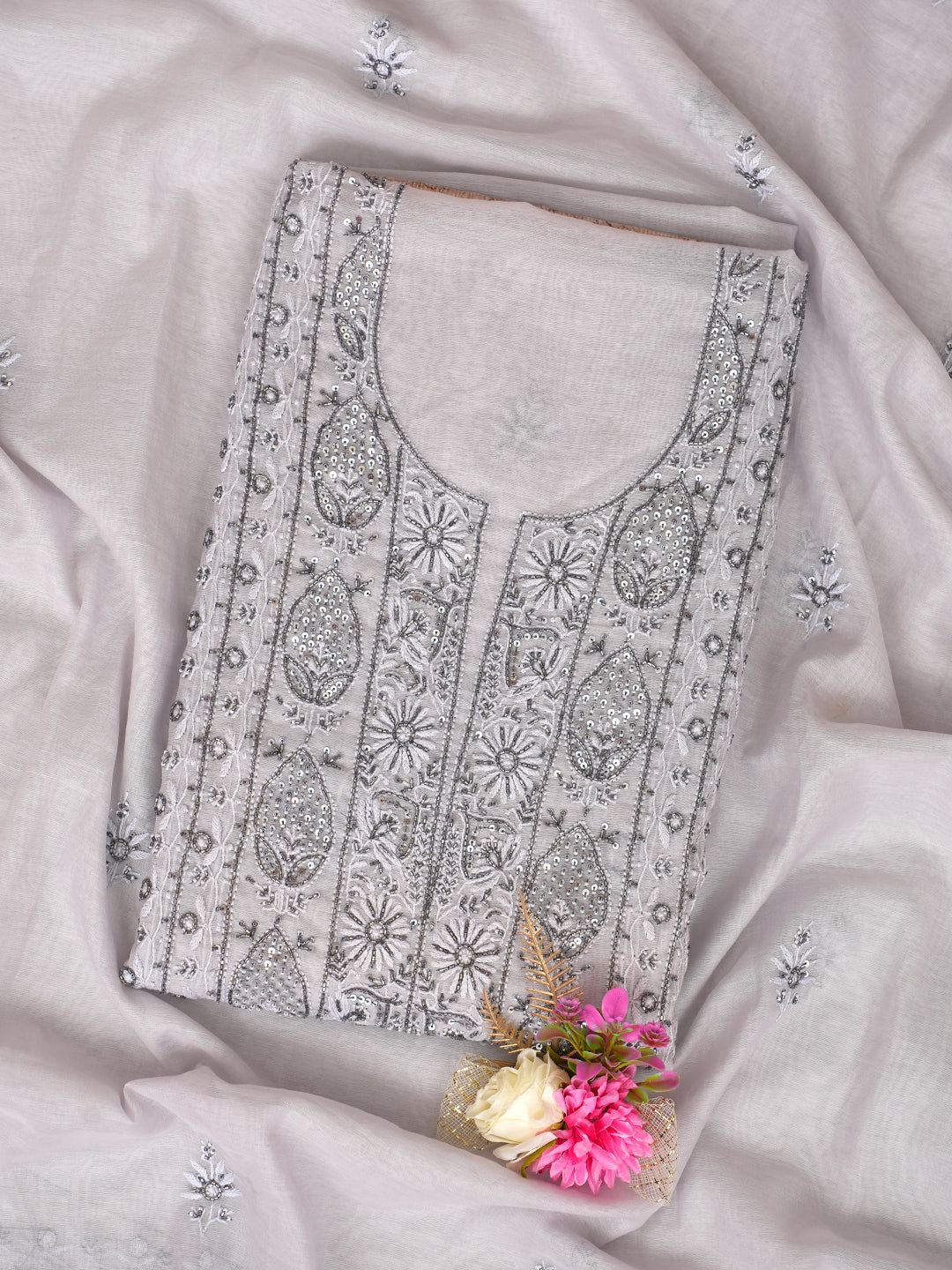 Ada Hand Embroidered Grey Chanderi Lucknowi Chikankari Unstitched Kurta Dupatta Set With Cutdana Work 01A932398