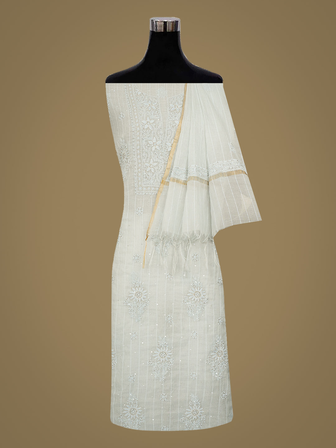 Ada Hand Embroidered Grey Chanderi Lucknowi Chikankari Unstitched Kurta Dupatta Set With Cutdana Work 01A939683