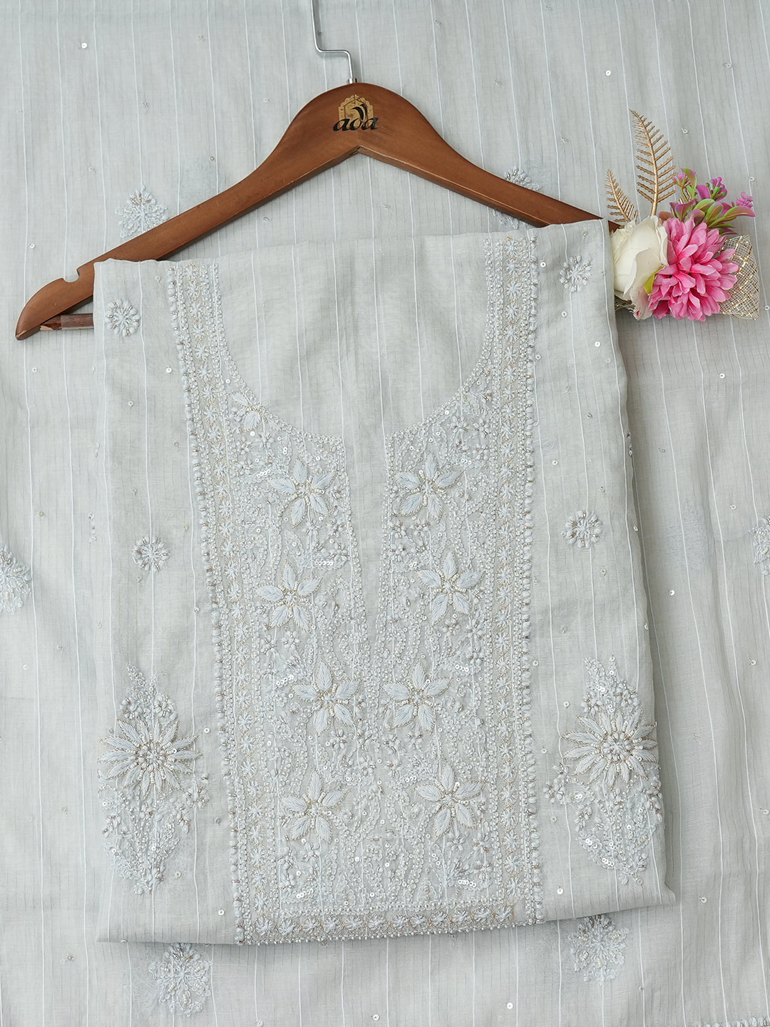 Ada Hand Embroidered Grey Chanderi Lucknowi Chikankari Unstitched Kurta Dupatta Set With Cutdana Work 01A939683