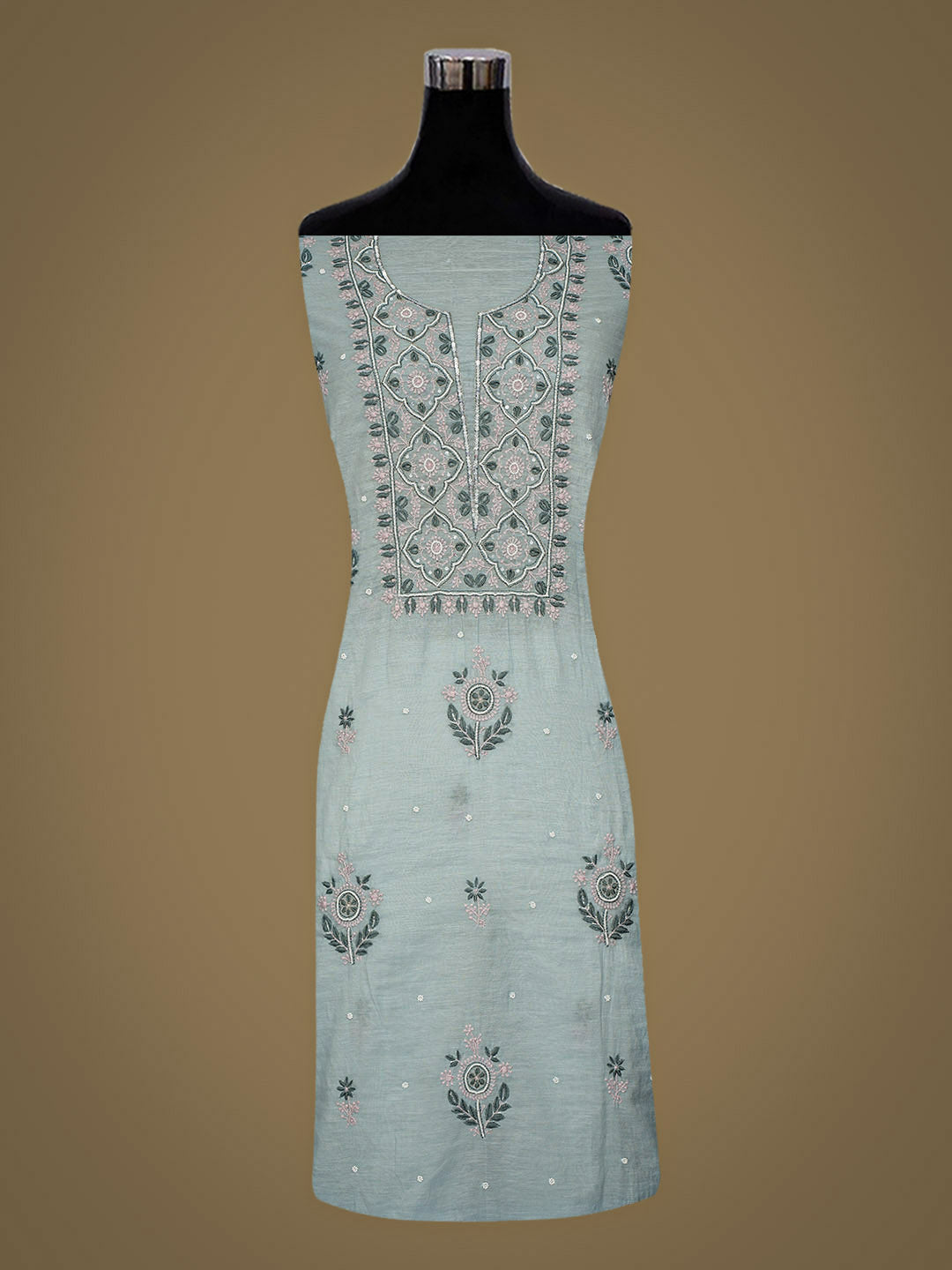 Ada Hand Embroidered Grey Chanderi Lucknowi Chikankari Unstitched Kurta Dupatta Set With Pearl Work 01A988128