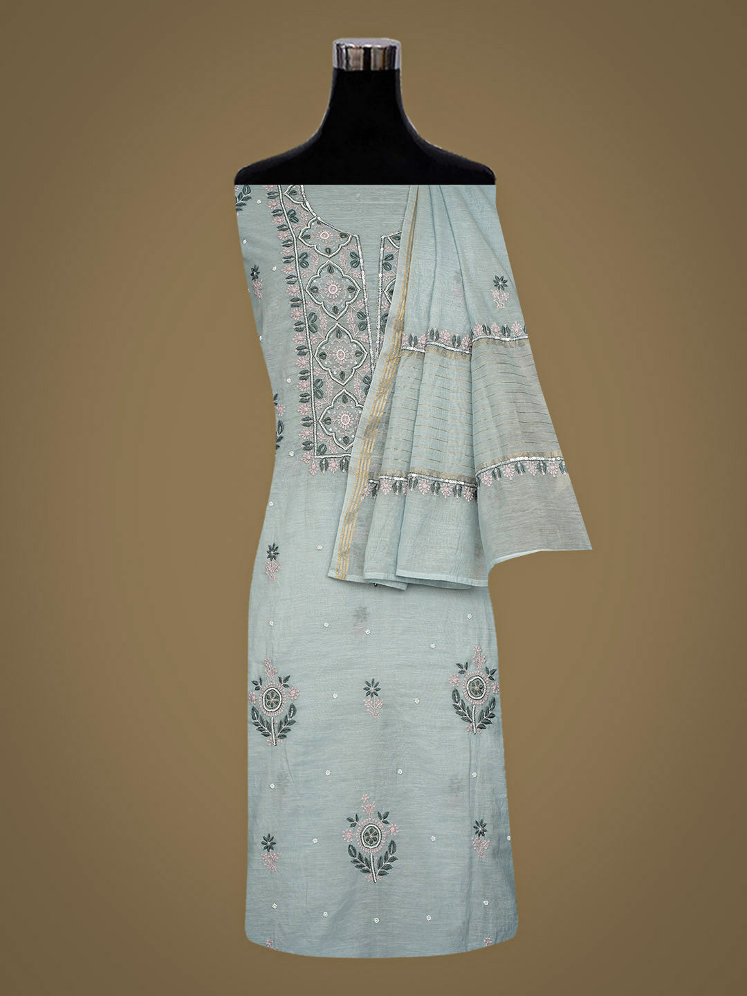 Ada Hand Embroidered Grey Chanderi Lucknowi Chikankari Unstitched Kurta Dupatta Set With Pearl Work 01A988128