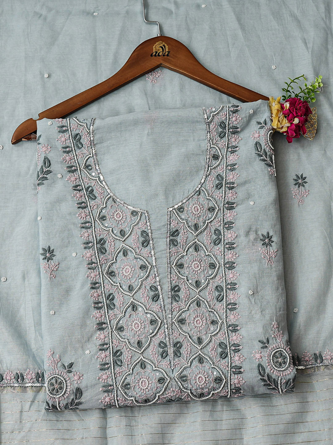 Ada Hand Embroidered Grey Chanderi Lucknowi Chikankari Unstitched Kurta Dupatta Set With Pearl Work 01A988128