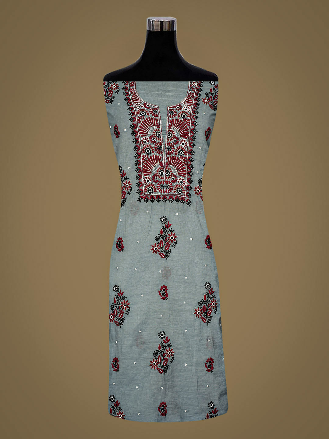 Ada Hand Embroidered Grey Chanderi Lucknowi Chikankari Unstitched Kurta Dupatta Set With Pearl Work 01A988130
