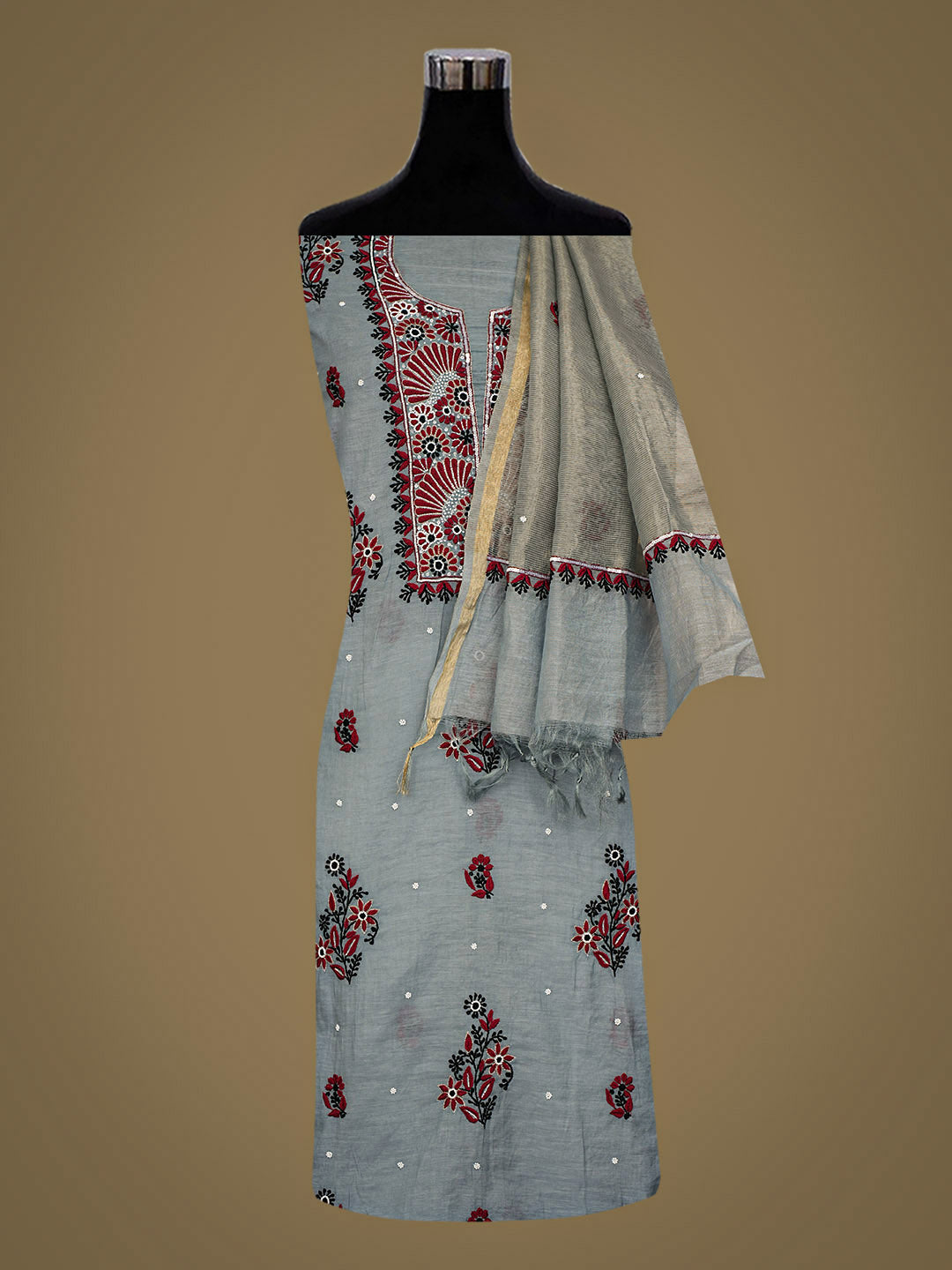 Ada Hand Embroidered Grey Chanderi Lucknowi Chikankari Unstitched Kurta Dupatta Set With Pearl Work 01A988130