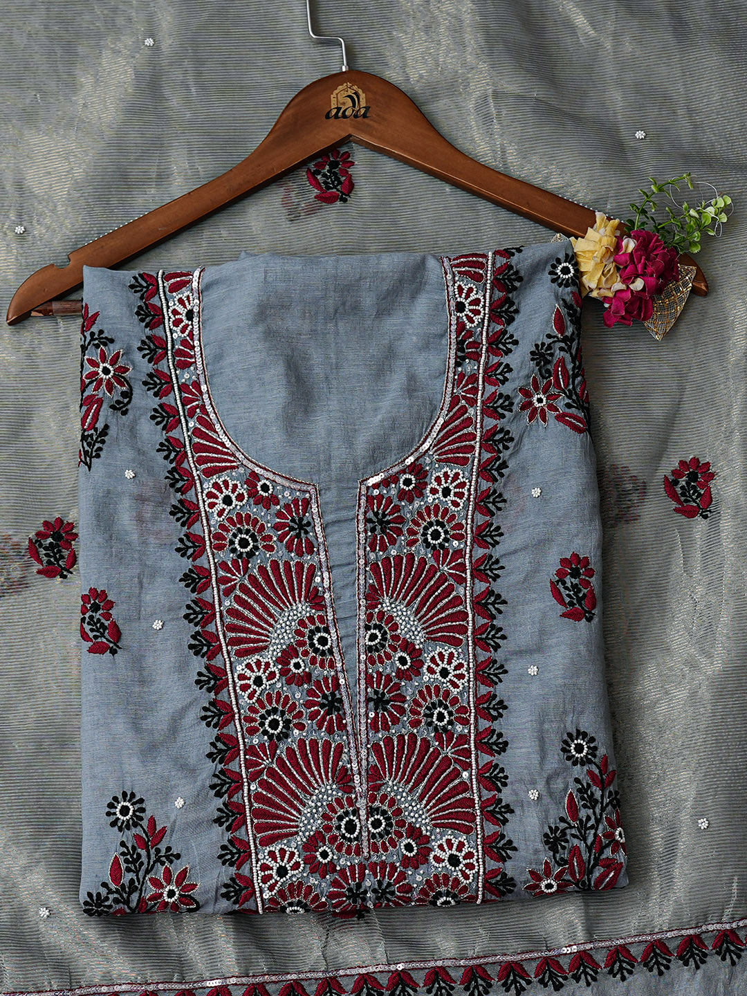 Ada Hand Embroidered Grey Chanderi Lucknowi Chikankari Unstitched Kurta Dupatta Set With Pearl Work 01A988130