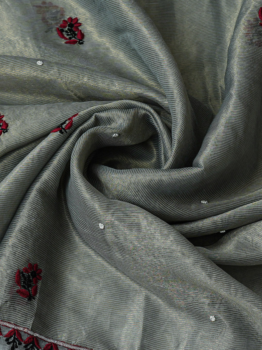 Ada Hand Embroidered Grey Chanderi Lucknowi Chikankari Unstitched Kurta Dupatta Set With Pearl Work 01A988130