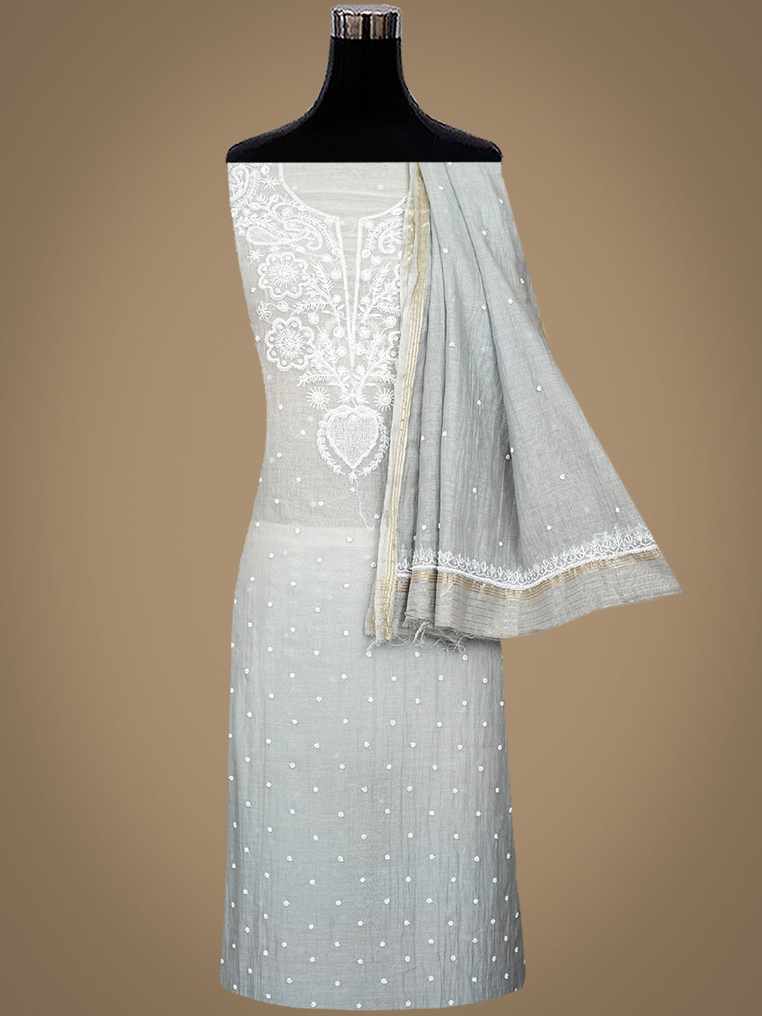 Ada Hand Embroidered Grey Chanderi Lucknowi Chikankari Unstitched Kurta Dupatta Set With Pearl Work 01A989923