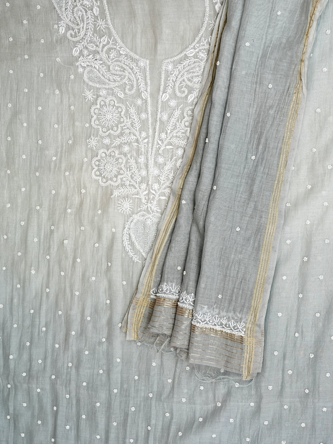 Ada Hand Embroidered Grey Chanderi Lucknowi Chikankari Unstitched Kurta Dupatta Set With Pearl Work 01A989923