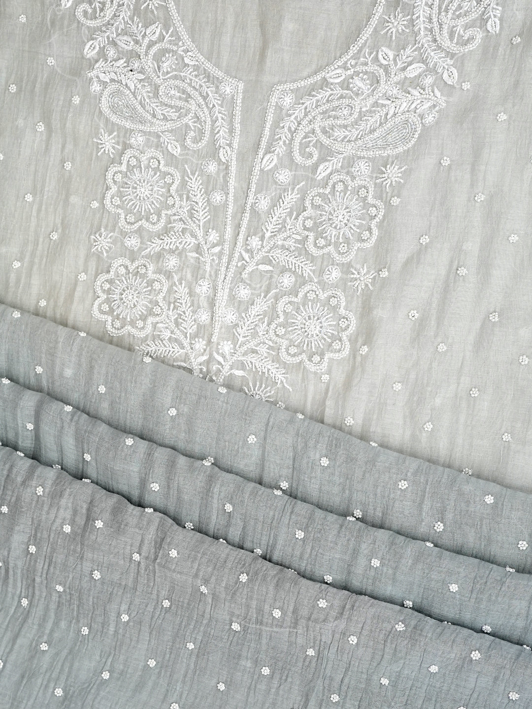 Ada Hand Embroidered Grey Chanderi Lucknowi Chikankari Unstitched Kurta Dupatta Set With Pearl Work 01A989923