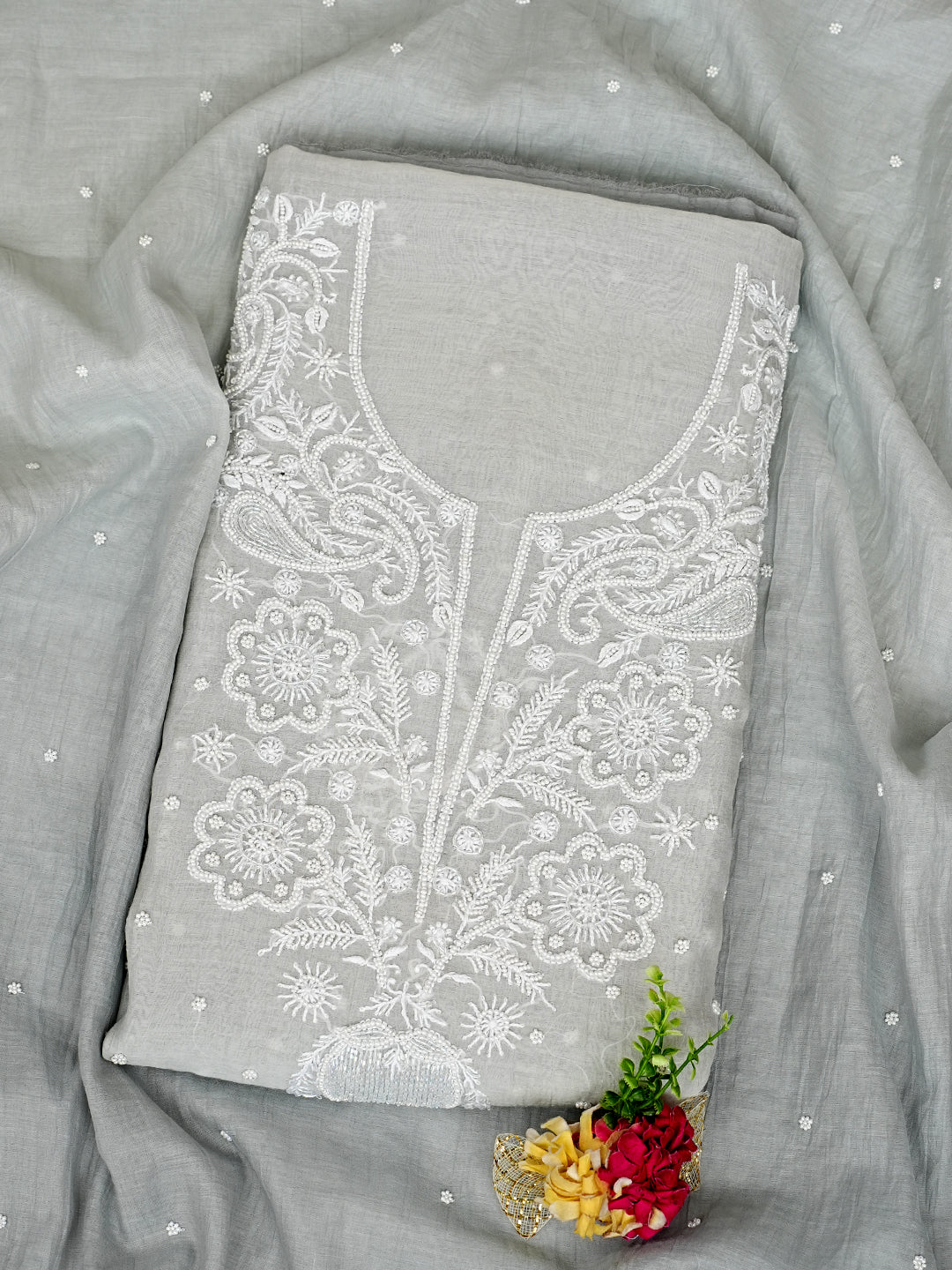 Ada Hand Embroidered Grey Chanderi Lucknowi Chikankari Unstitched Kurta Dupatta Set With Pearl Work 01A989923