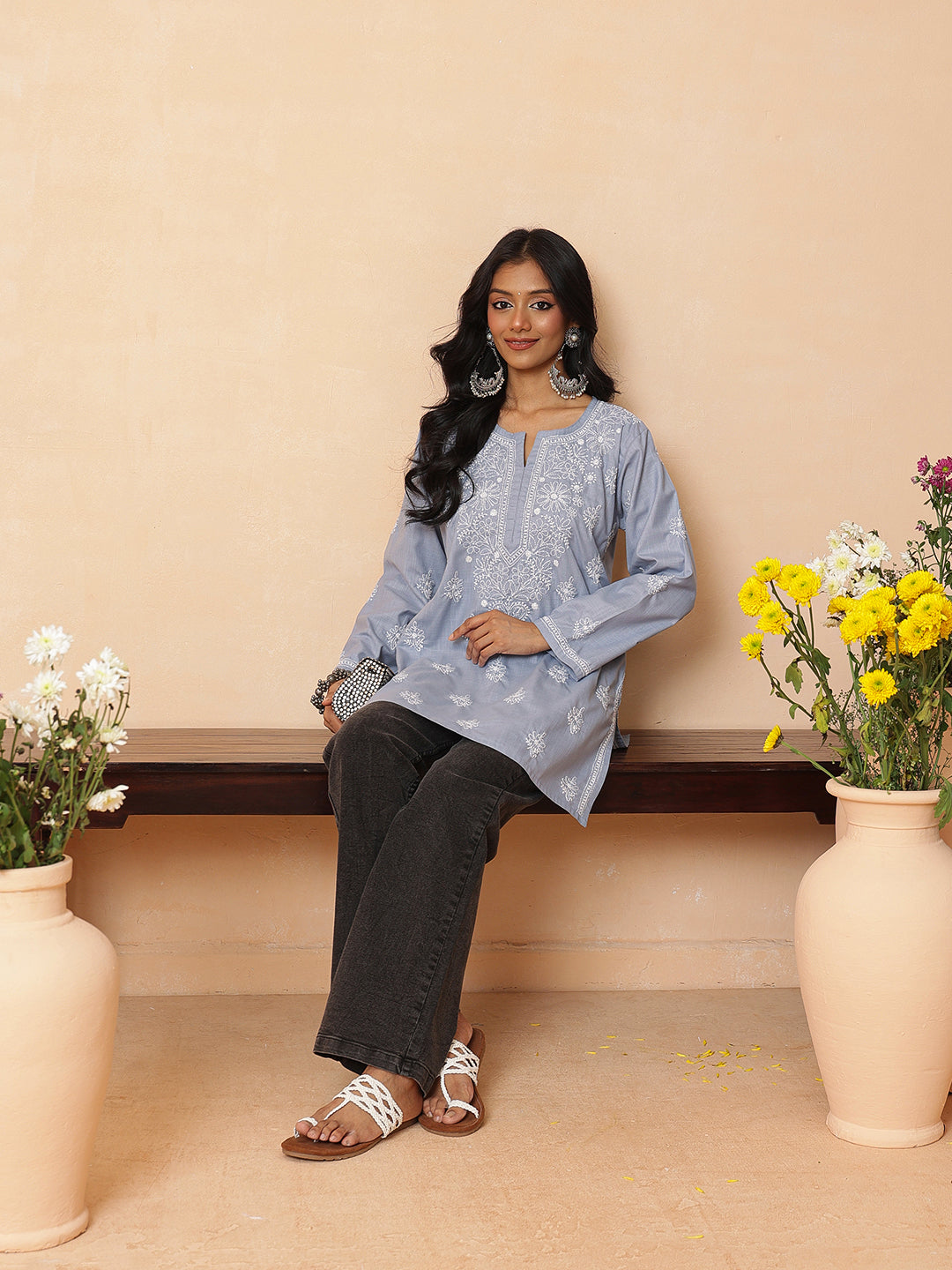 Ada Hand Embroidered  Grey Cotton Lucknowi Chikankari Short Kurti A911571