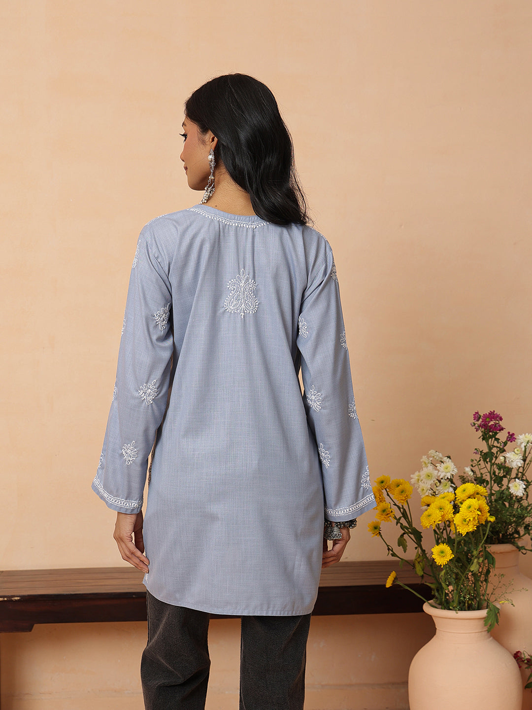 Ada Hand Embroidered  Grey Cotton Lucknowi Chikankari Short Kurti A911571