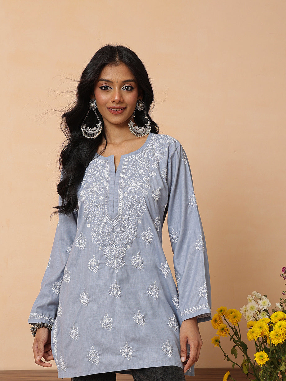 Ada Hand Embroidered  Grey Cotton Lucknowi Chikankari Short Kurti A911571
