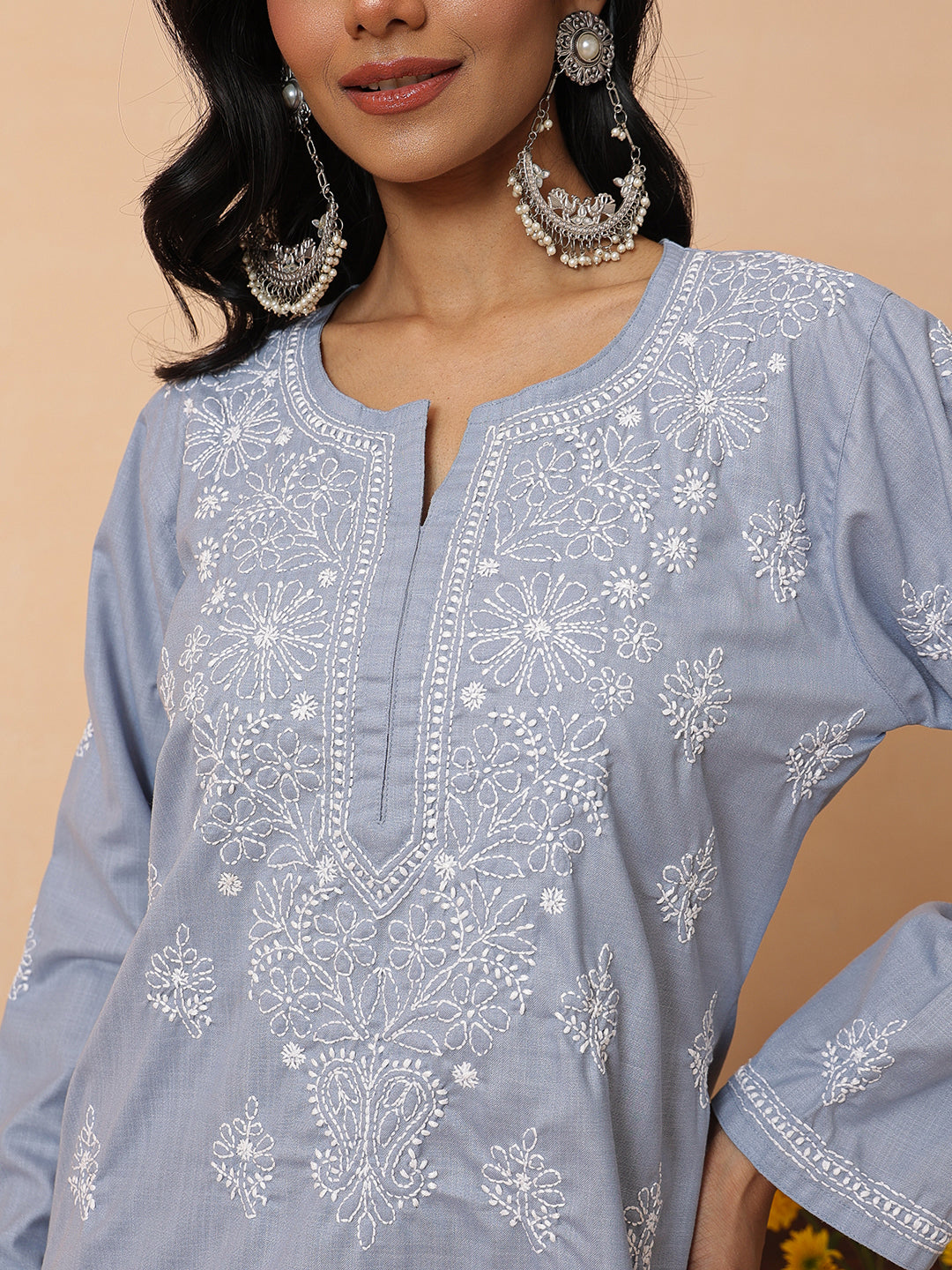 Ada Hand Embroidered  Grey Cotton Lucknowi Chikankari Short Kurti A911571