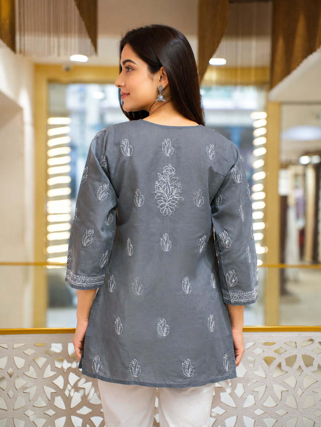 Ada Hand Embroidered Grey Cotton Lucknowi Chikankari Short Kurti A911597_3