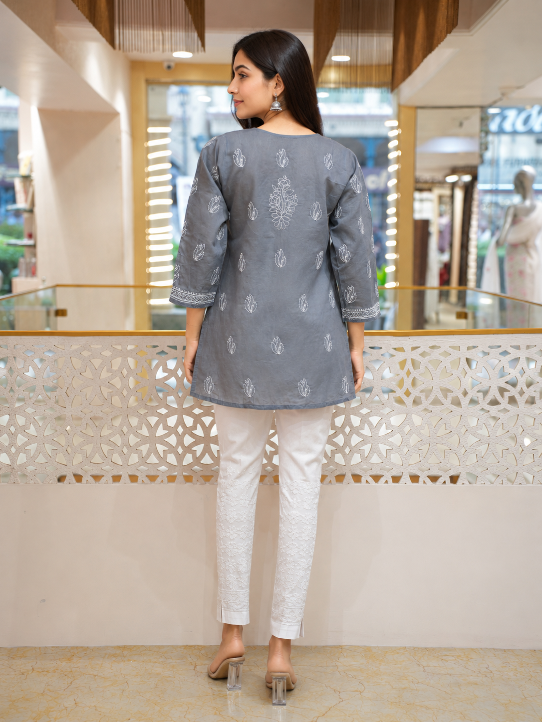 Ada Hand Embroidered Grey Cotton Lucknowi Chikankari Short Kurti A911597_4