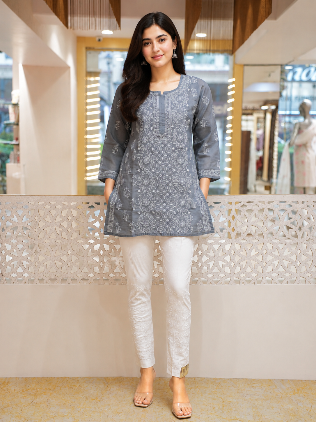 Ada Hand Embroidered Grey Cotton Lucknowi Chikankari Short Kurti A911597_5