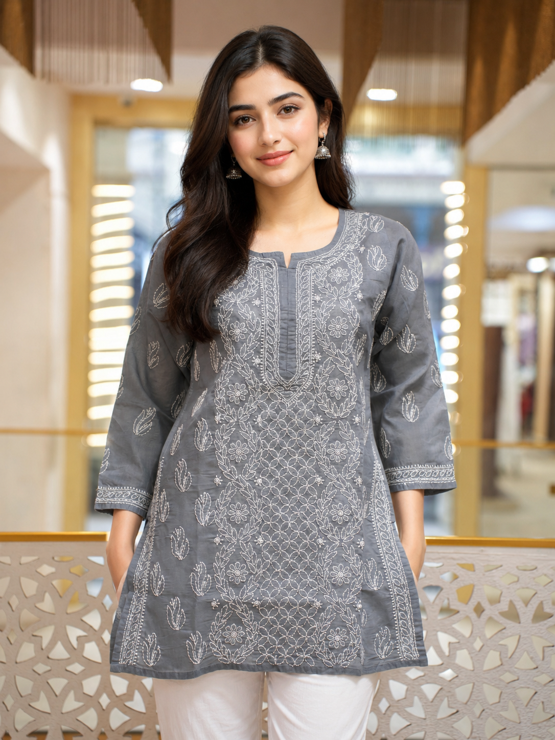 Ada Hand Embroidered Grey Cotton Lucknowi Chikankari Short Kurti A911597_1