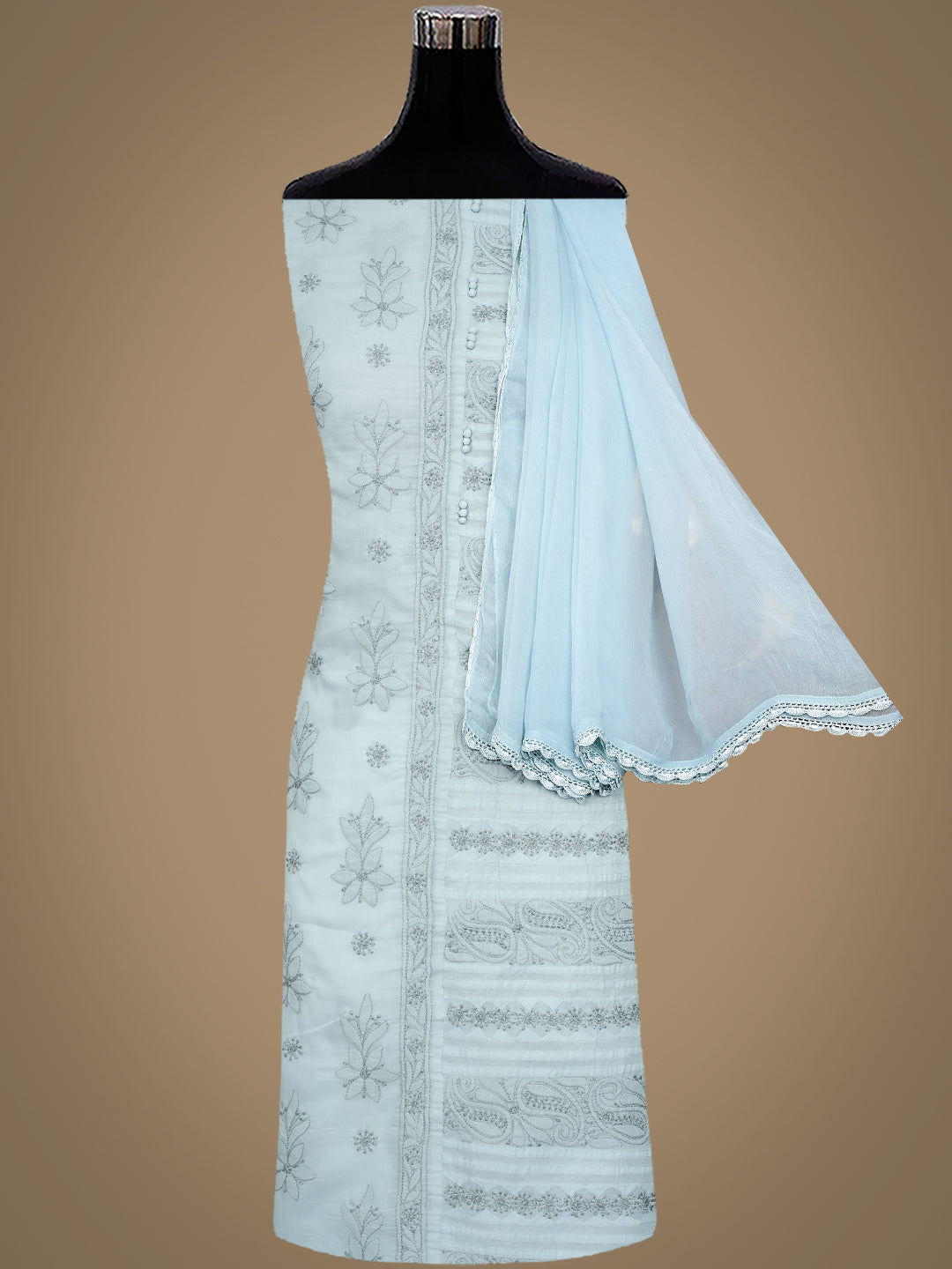 Ada Hand Embroidered Grey Cotton Lucknowi Chikankari Unstitched Suit Piece 01A981323