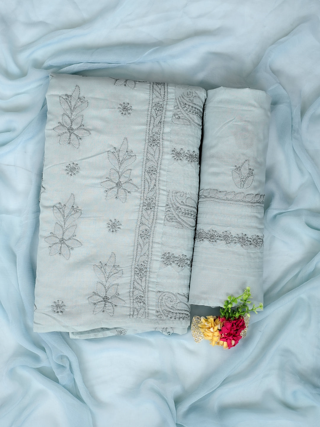 Ada Hand Embroidered Grey Cotton Lucknowi Chikankari Unstitched Suit Piece 01A981323