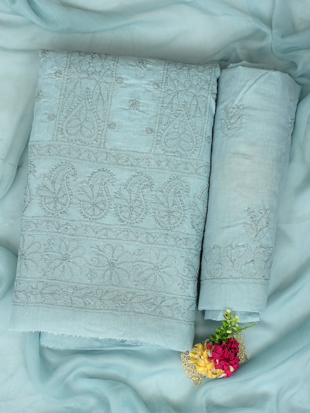 Ada Hand Embroidered Grey Cotton Lucknowi Chikankari Unstitched Suit Piece 01A989384