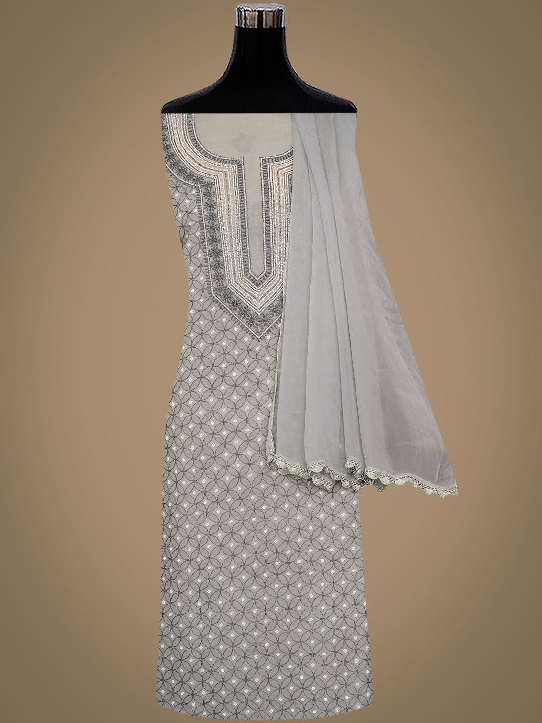 Ada Hand Embroidered Grey Cotton Lucknowi Chikankari Unstitched Suit Piece With Cutdana Work 01A984742