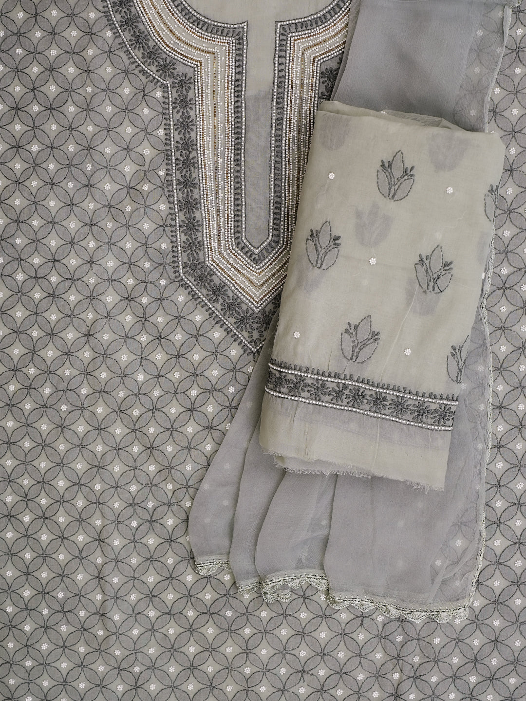 Ada Hand Embroidered Grey Cotton Lucknowi Chikankari Unstitched Suit Piece With Cutdana Work 01A984742