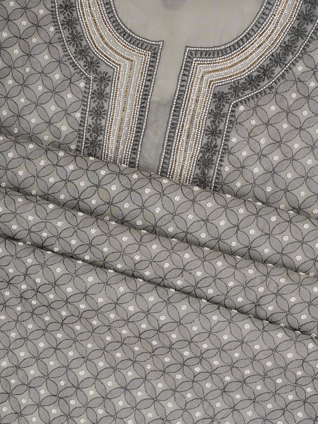 Ada Hand Embroidered Grey Cotton Lucknowi Chikankari Unstitched Suit Piece With Cutdana Work 01A984742