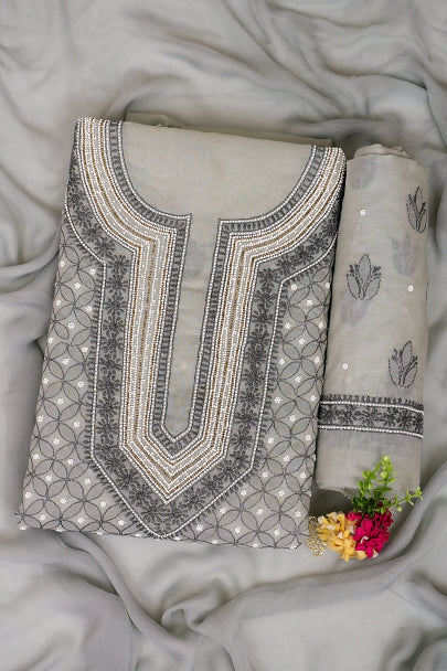 Ada Hand Embroidered Grey Cotton Lucknowi Chikankari Unstitched Suit Piece With Cutdana Work 01A984742