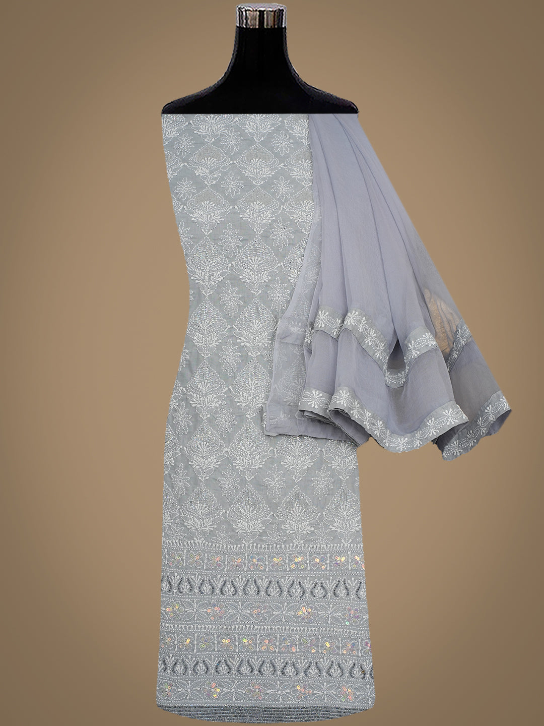 Ada Hand Embroidered Grey Cotton Lucknowi Chikankari Unstitched Suit Piece With Sequinned Work 01A388893