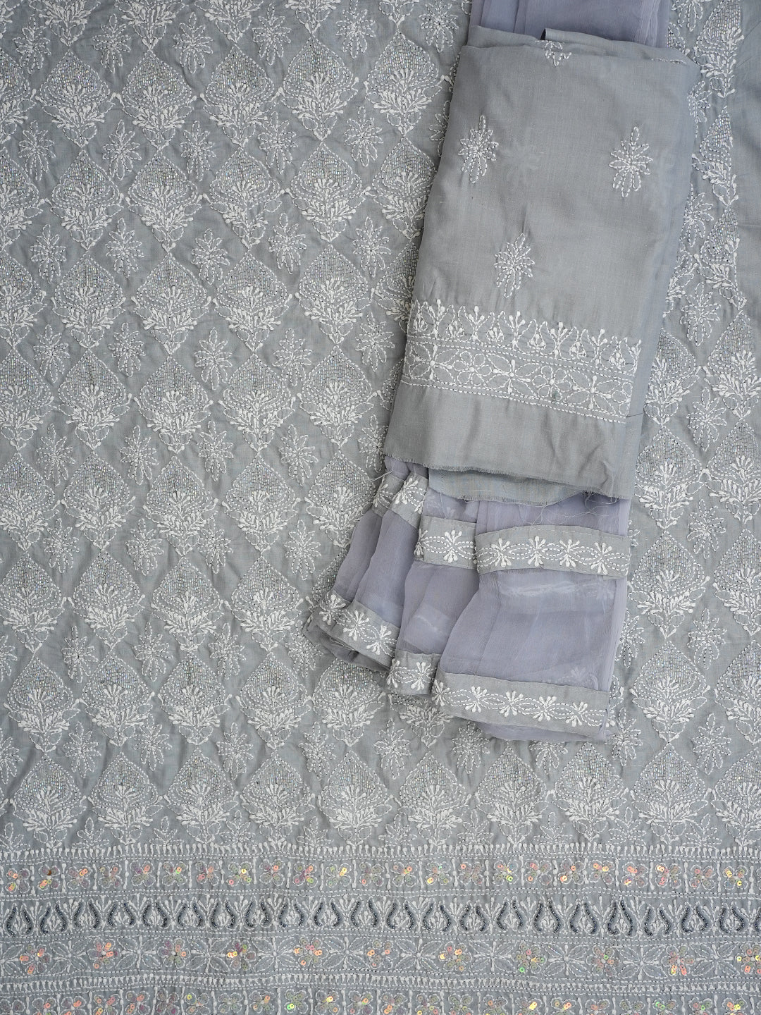 Ada Hand Embroidered Grey Cotton Lucknowi Chikankari Unstitched Suit Piece With Sequinned Work 01A388893