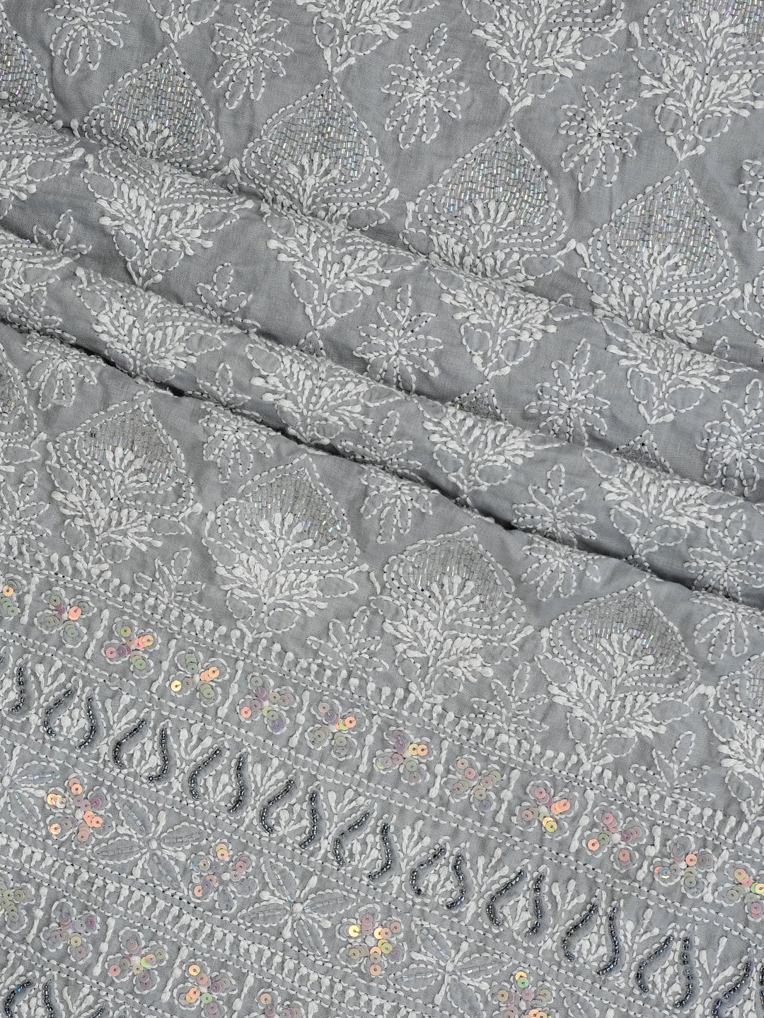 Ada Hand Embroidered Grey Cotton Lucknowi Chikankari Unstitched Suit Piece With Sequinned Work 01A388893